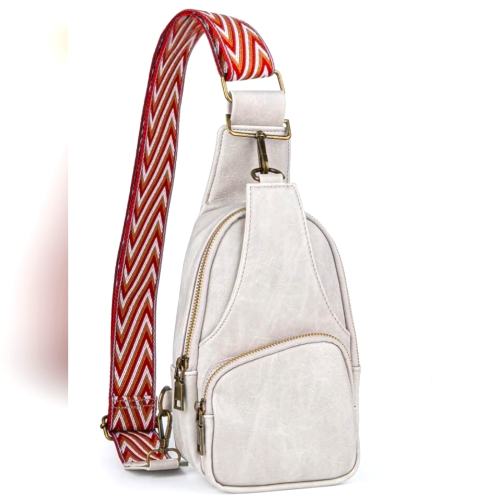 🆕 Boho Gray Leather Sling Crossbody Bag Purse Wide Red Jacquard Shoulder Strap
